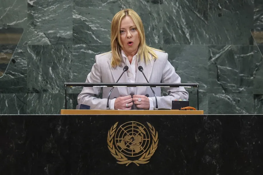 La primera ministra italiana, Giorgia Meloni, interviene durante el Debate General del 80.º período de sesiones de la Asamblea General de las Naciones Unidas. EFE/EPA/SARAH YENESEL