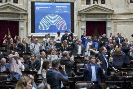 Fotografía cedida por la oficina de prensa de la Cámara de Diputados de Argentina donde se observa algunos diputados celebrando luego de una votación este miércoles, en el Congreso en Buenos Aires (Argentina). EFE/ Oficina de prensa Cámara de Diputados