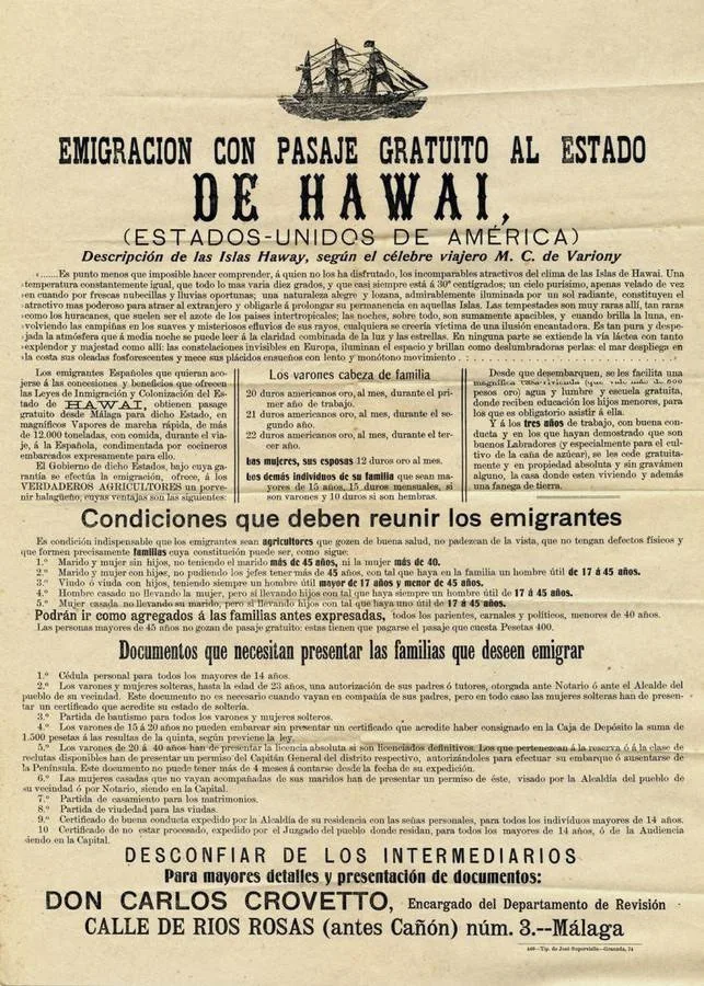 Cartel promocional dirigido a atraer la emigración de españoles a las islas Hawái a prinicipios del siglo XX,