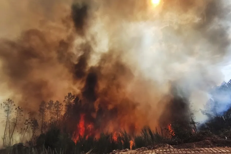Vista del incendio forestal que comenzó en el Cañón del Sil y obligó a cortar la vía del tren entre Ourense y Monforte