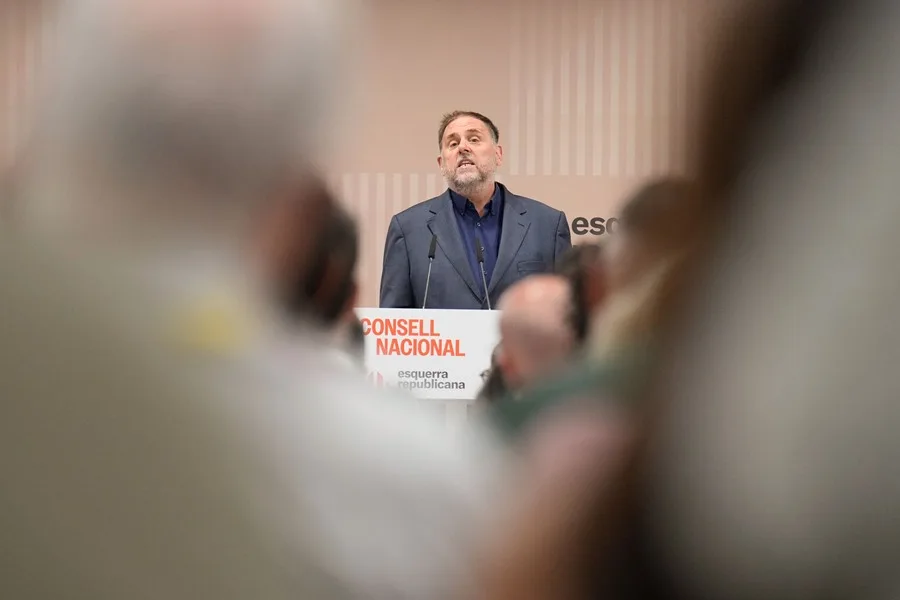 El presidente de ERC, Oriol Junqueras, durante su discurso ante el Consell Nacional del partido en Barcelona, este sábado.