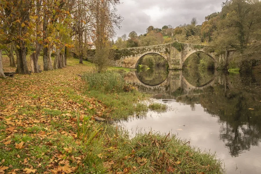 Hojas de árboles caídas, junto al puente de Vilanova, sobre el río Arnoia, en Allariz (Ourense).