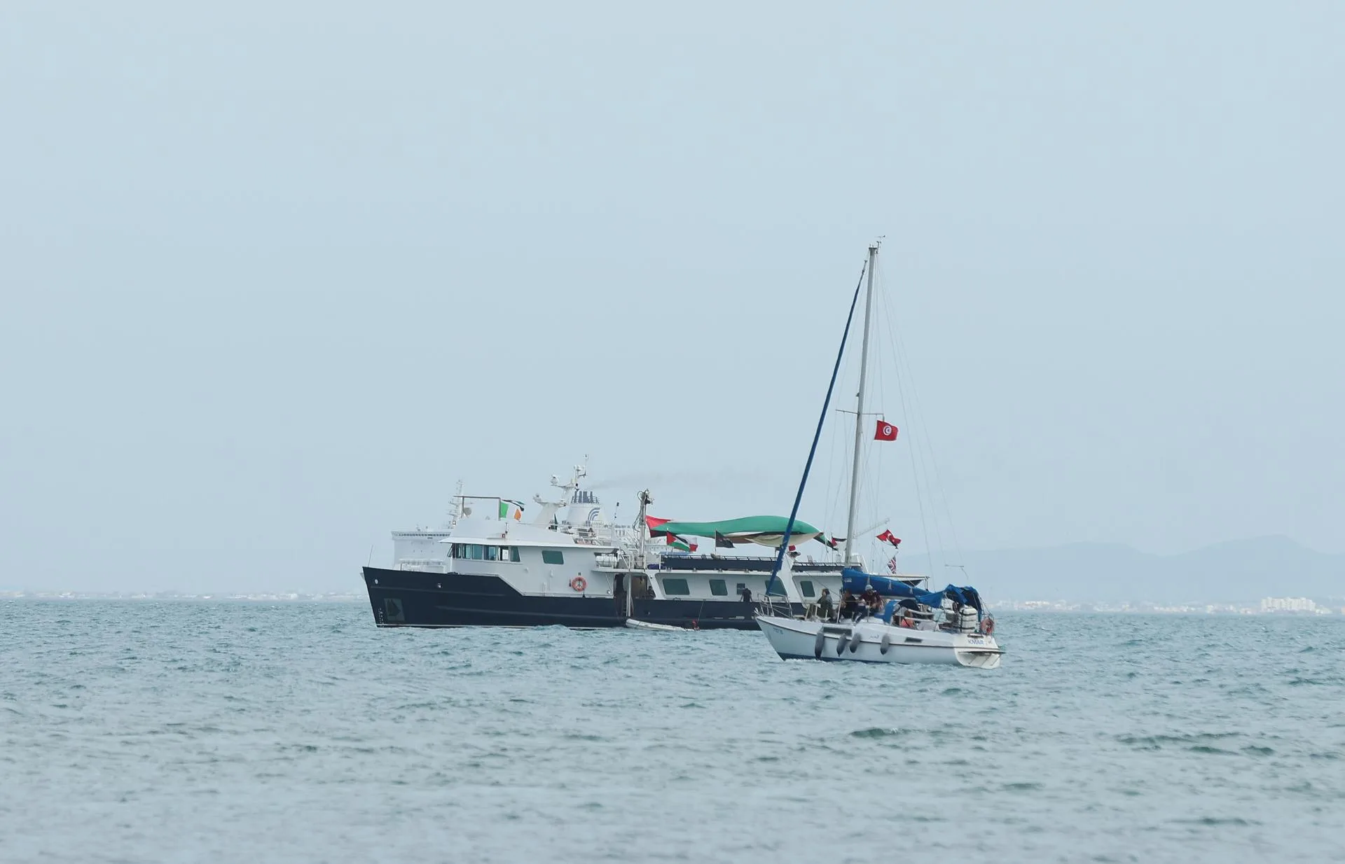 (FILE) A ship part of the the Global Sumud Flotilla, is seen in Sidi Bou Said, Tunisia, Sep 07, 2025. EFE/EPA/MOHAMED MESSARA 95525