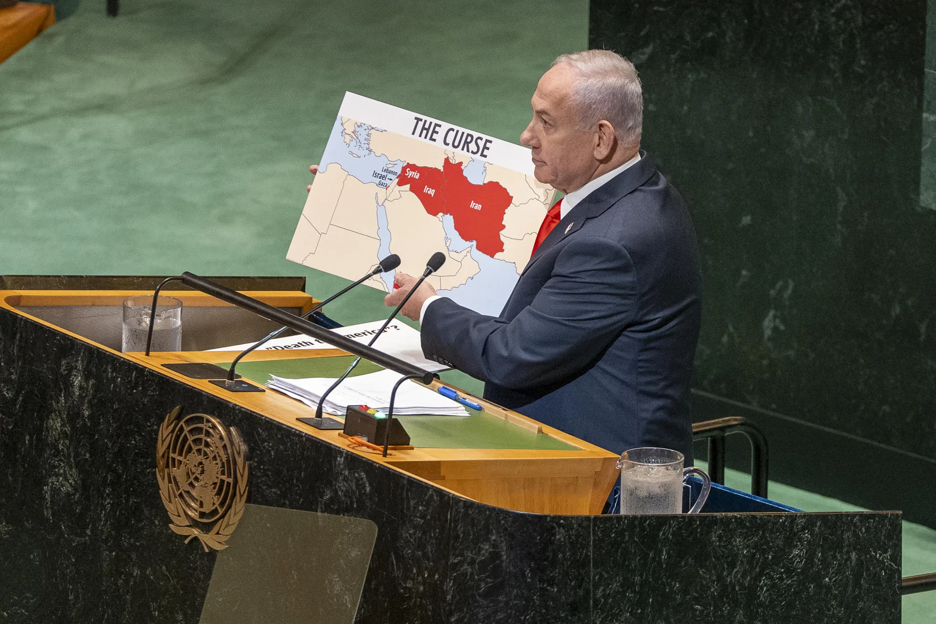 Israeli Prime Minister Benjamin Netanyahu shows a map at the United Nations (UN) Assembly in New York, United States 26 September 2025. EFE/ Angel Colmenares