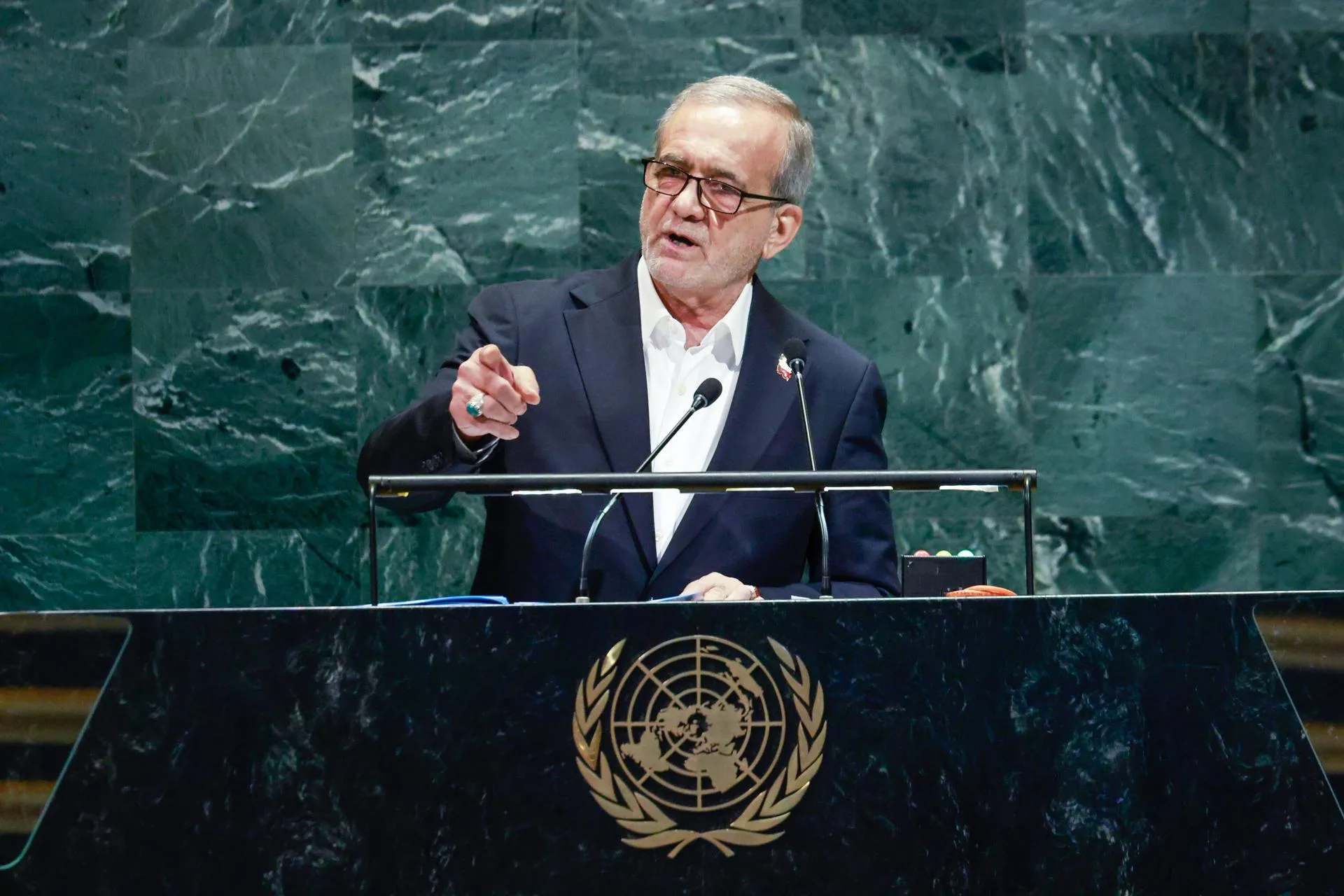 President of Iran Masoud Pezeshkian speaks during the General Debate of the 80th session of the United Nations General Assembly (UNGA) at the United Nations headquarters in New York, USA, Sep. 24, 2025. EFE/EPA/KENA BETANCUR