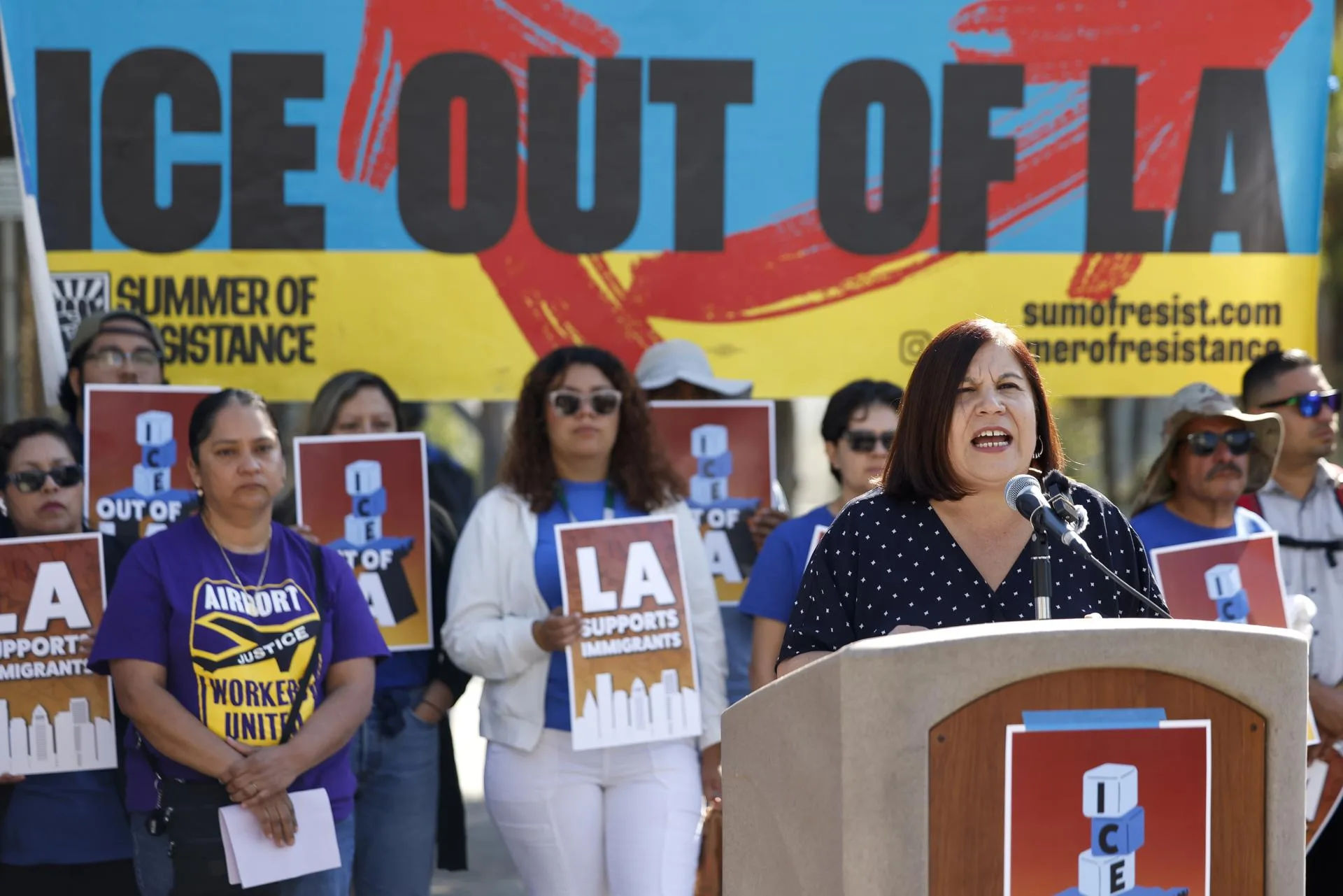 (FILE). Angelica Salas (3-R), Executive Director of the Coalition for Humane Immigrant Rights of Los Angeles (CHIRLA), speaks during a news conference to announce an upcoming "24-hour community stoppage" event scheduled for Aug. 12, 2025, at MacArthur Park in Los Angeles, California, US. August 07, 2025. EFE/EPA/CAROLINE BREHMAN