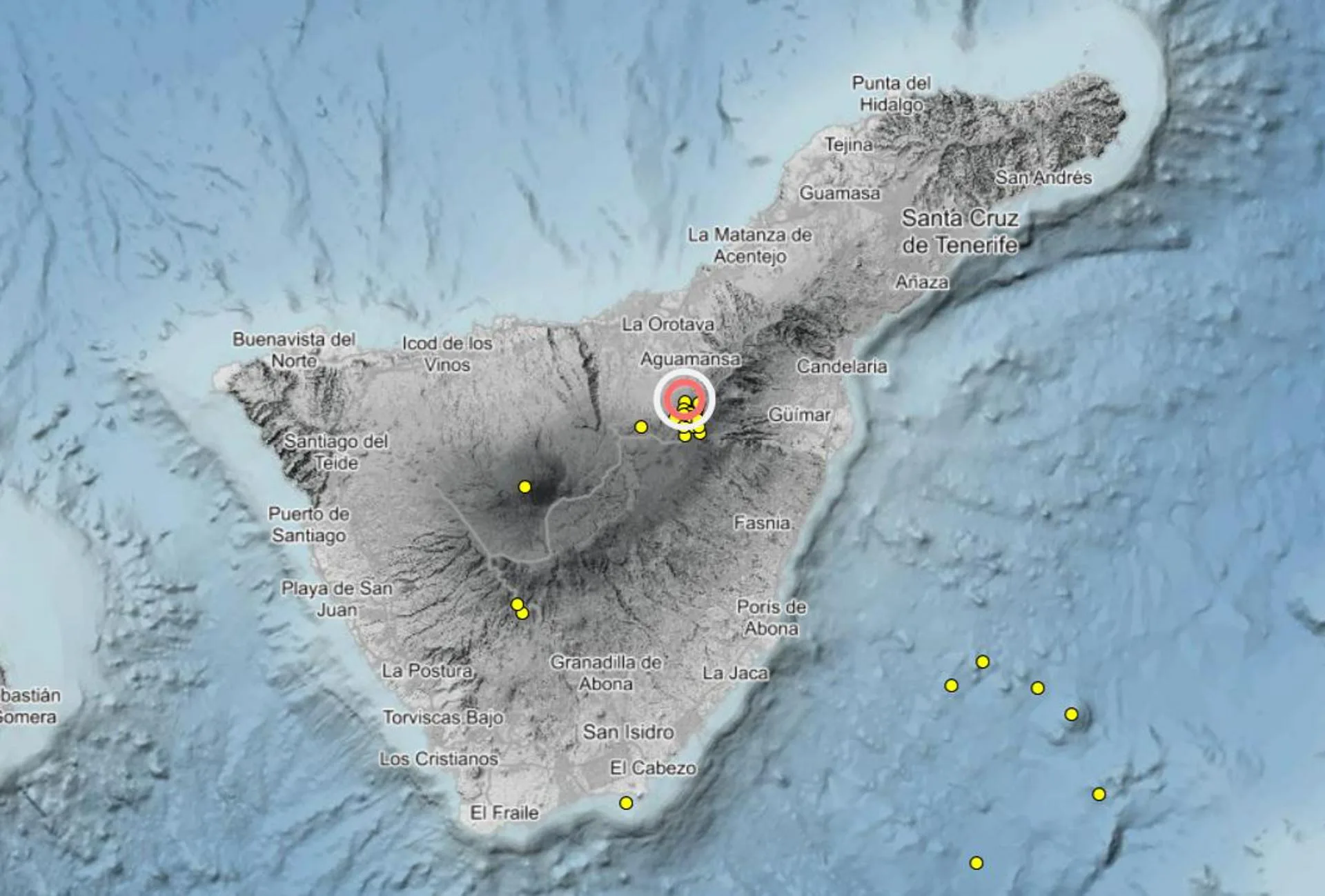 Imagen del Instituto Geográfico Nacional con la localización de los últimos seismos registrados en Tenerife, que se concentran en las cumbres de La Orotava.