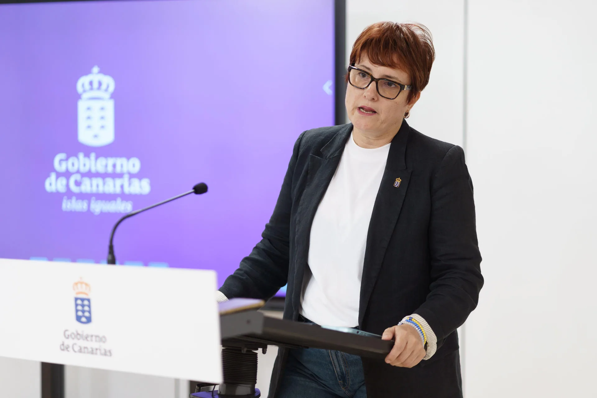 La consejera de Bienestar Social de Canarias, Candelaria Delgado, ha informado este martes sobre el proceso de traslado a recursos del Estado de los menores inmigrantes solicitantes de asilo, tras la reunión semanal de seguimiento con responsables del Gobierno de España. EFE/Ramón de la Rocha