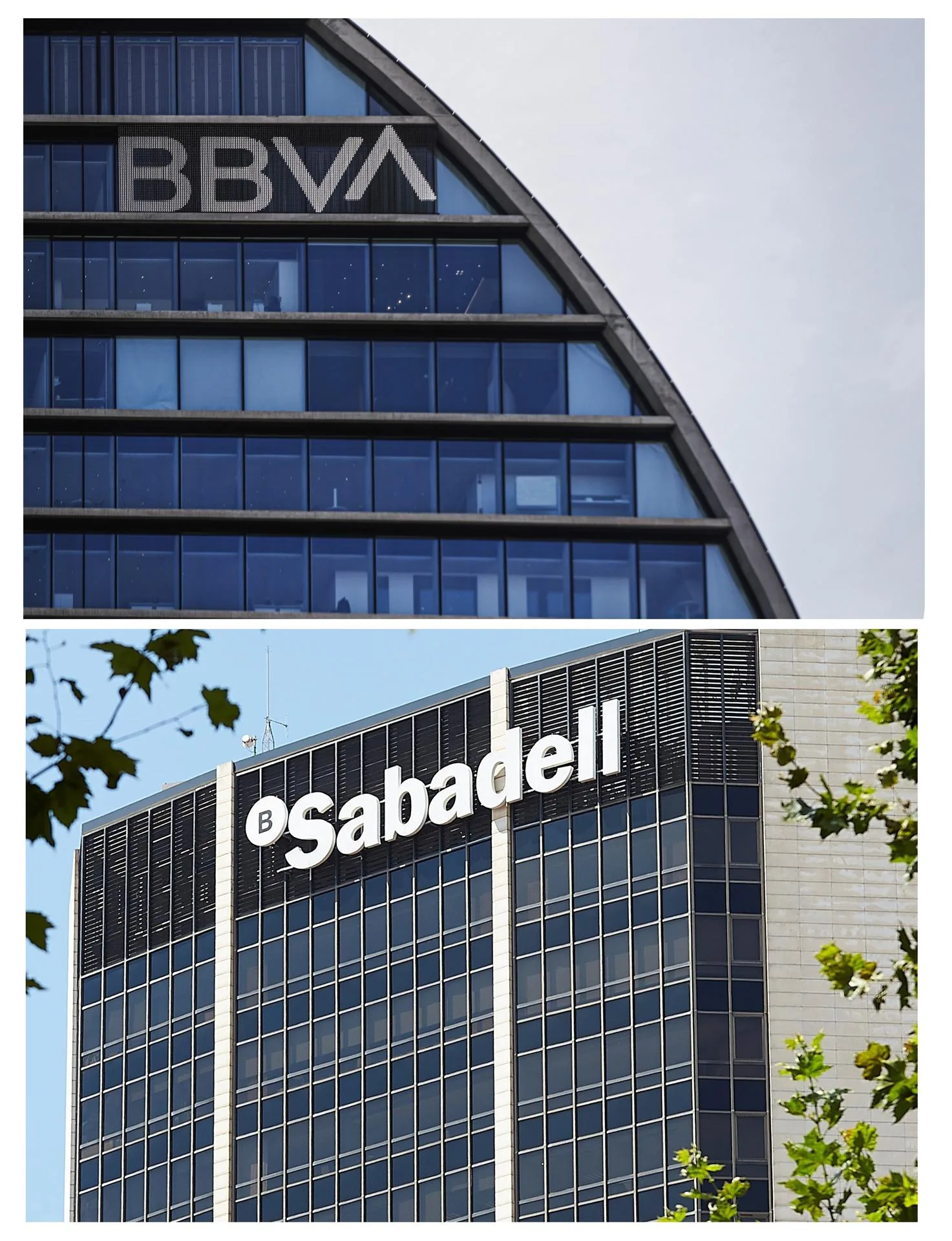 Imagen de archivo de las sedes centrales del BBVA y del Banco de Sabadell. EFE/Emilio Naranjo/Alejandro García
