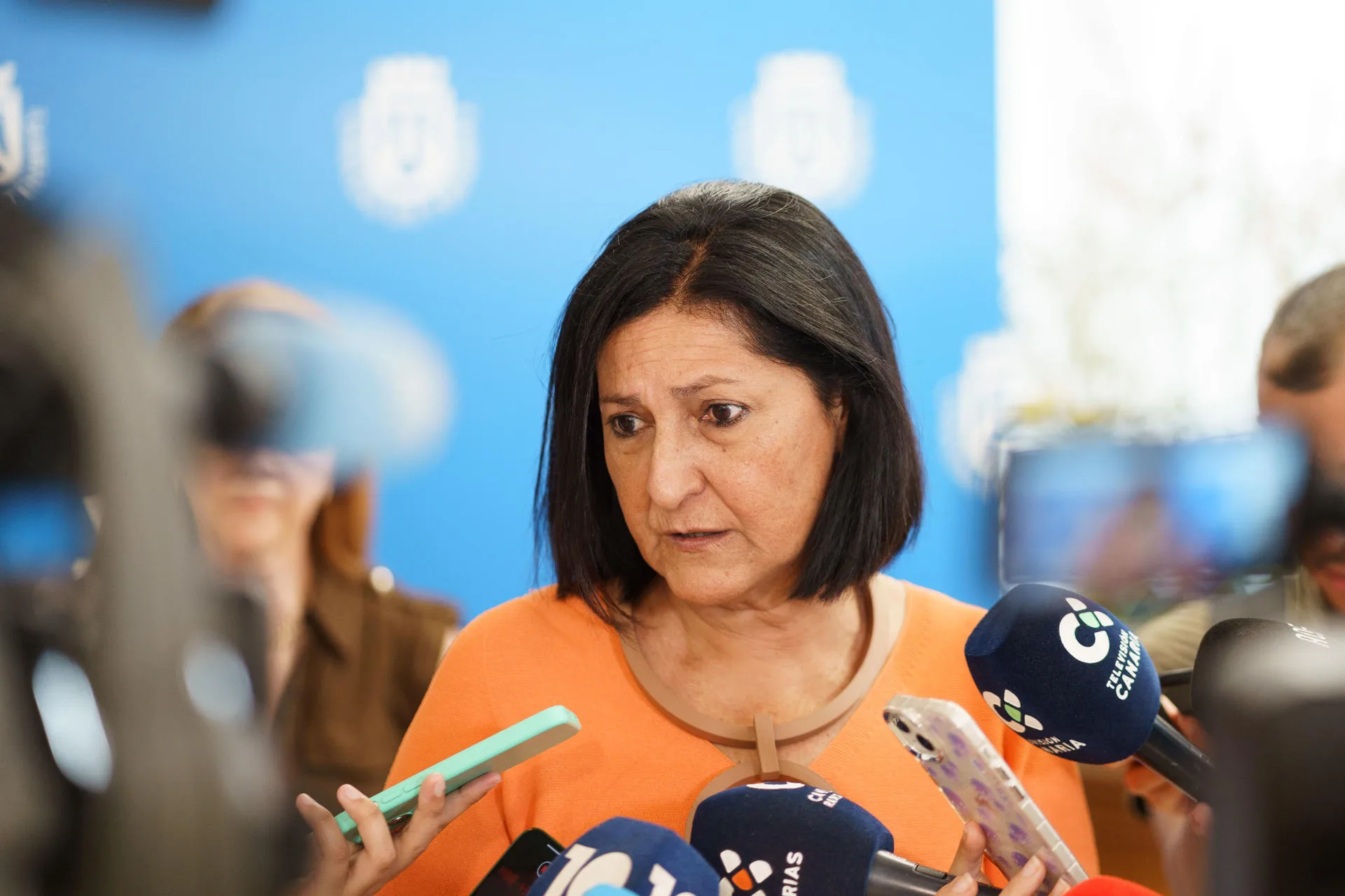 La consejera de Movilidad del Cabildo de Tenerife, Eulalia Garcia Silva, atiende a los medios de comunicación momentos antes de asistir a la reunión con representantes empresariales y sociales para abordar asuntos relacionados con la movilidad de la isla. EFE/Ramón de la Rocha