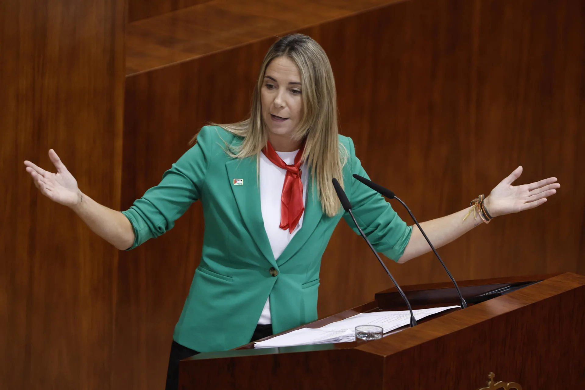 La portavoz del PSOE, Mar Espinar, interviene durante la segunda sesión del debate del estado de la región en la Asamblea de Madrid este viernes.  EFE/ Sergio Pérez