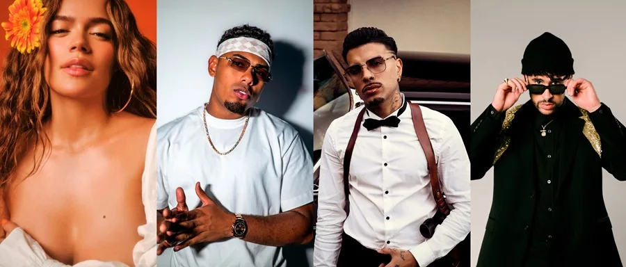 Combo de fotografías cedidas por Televisa Univision donde aparecen los artistas Carolina Giraldo, artísticamente conocida como Karol G (i); Michael Anthony Torres, conocido como Myke Towers (2-i); Raúl Alejandro Ocasio, conocido com Rauw Alejandro (2-d), y Benito Antonio Martínez conocido como Bad Bunny. EFE/TelevisaUnivision