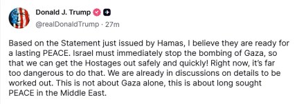 Captura de pantalla de la red social Truth Social de la cuenta oficial del presidente de Estados Unidos, Donald Trump @realDonaldTrump