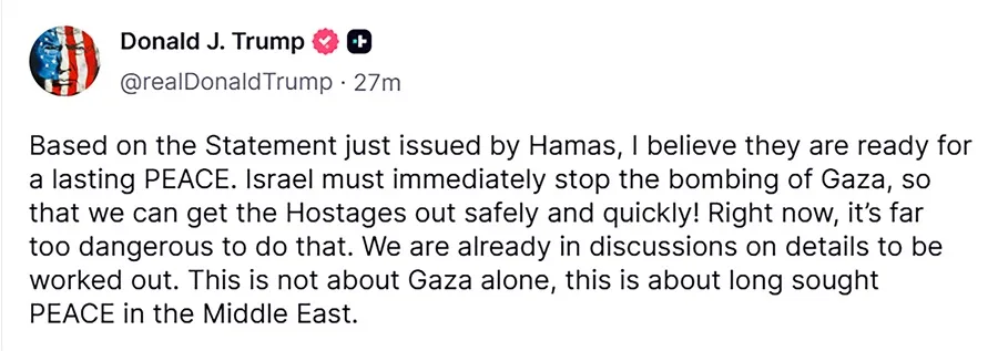 Captura de pantalla de la red social Truth Social de la cuenta oficial del presidente de Estados Unidos, Donald Trump @realDonaldTrump