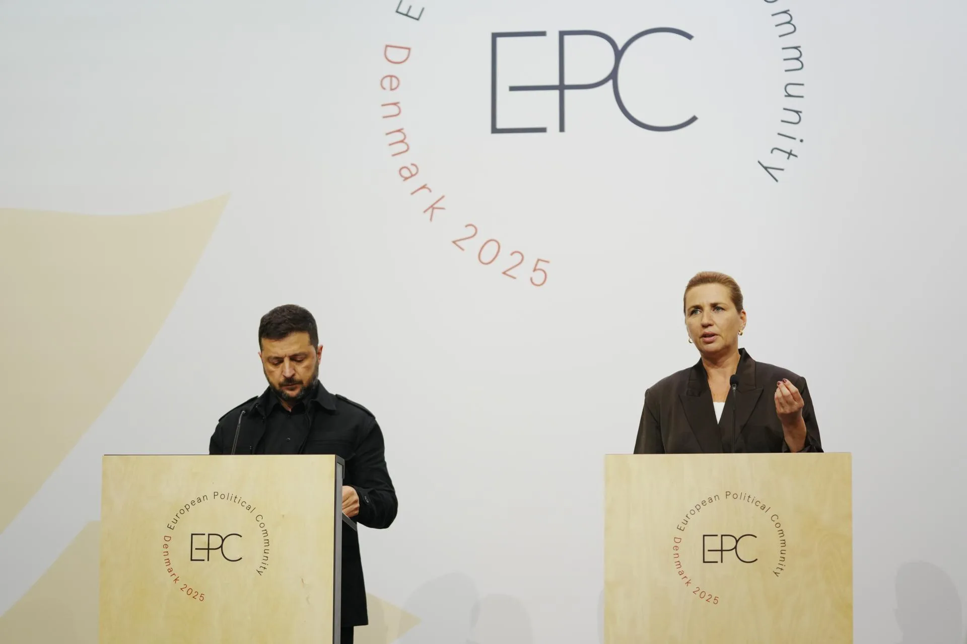 Danish Prime Minister Mette Frederiksen (R) and Ukraine's President Volodymyr Zelensky address a joint press conference at the conclusion of the 7th meeting of the European Political Community (EPC) in Copenhagen, Denmark, Oct. 2, 2025. EFE/EPA/IDA MARIE ODGAARD DENMARK OUT