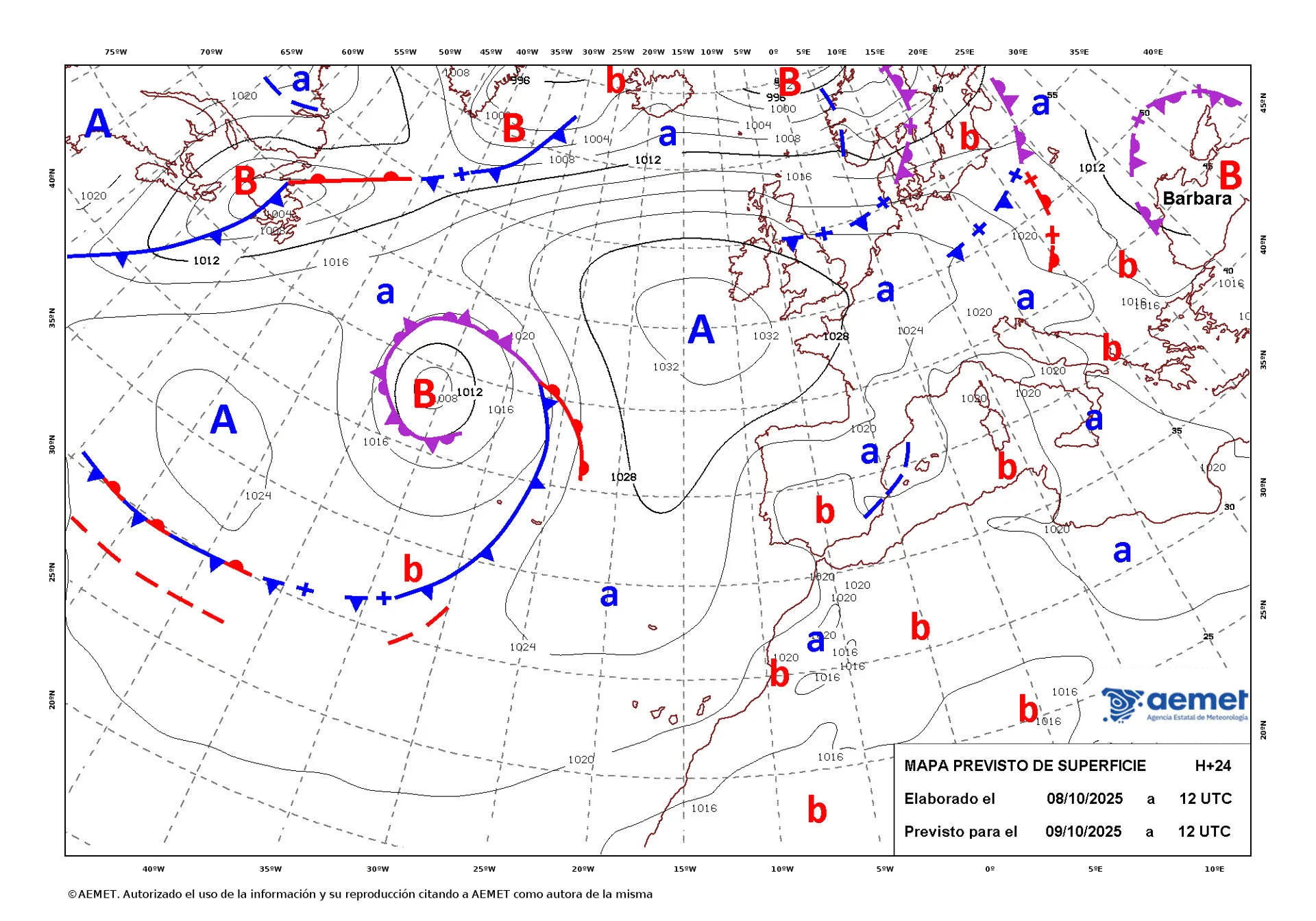 Mapa de isobaras facilitado por la Aemet previsto para el 09/10/2025. EFE *****SOLO USO EDITORIAL/SOLO DISPONIBLE PARA ILUSTRAR LA NOTICIA QUE ACOMPAÑA (CRÉDITO OBLIGATORIO) *****
