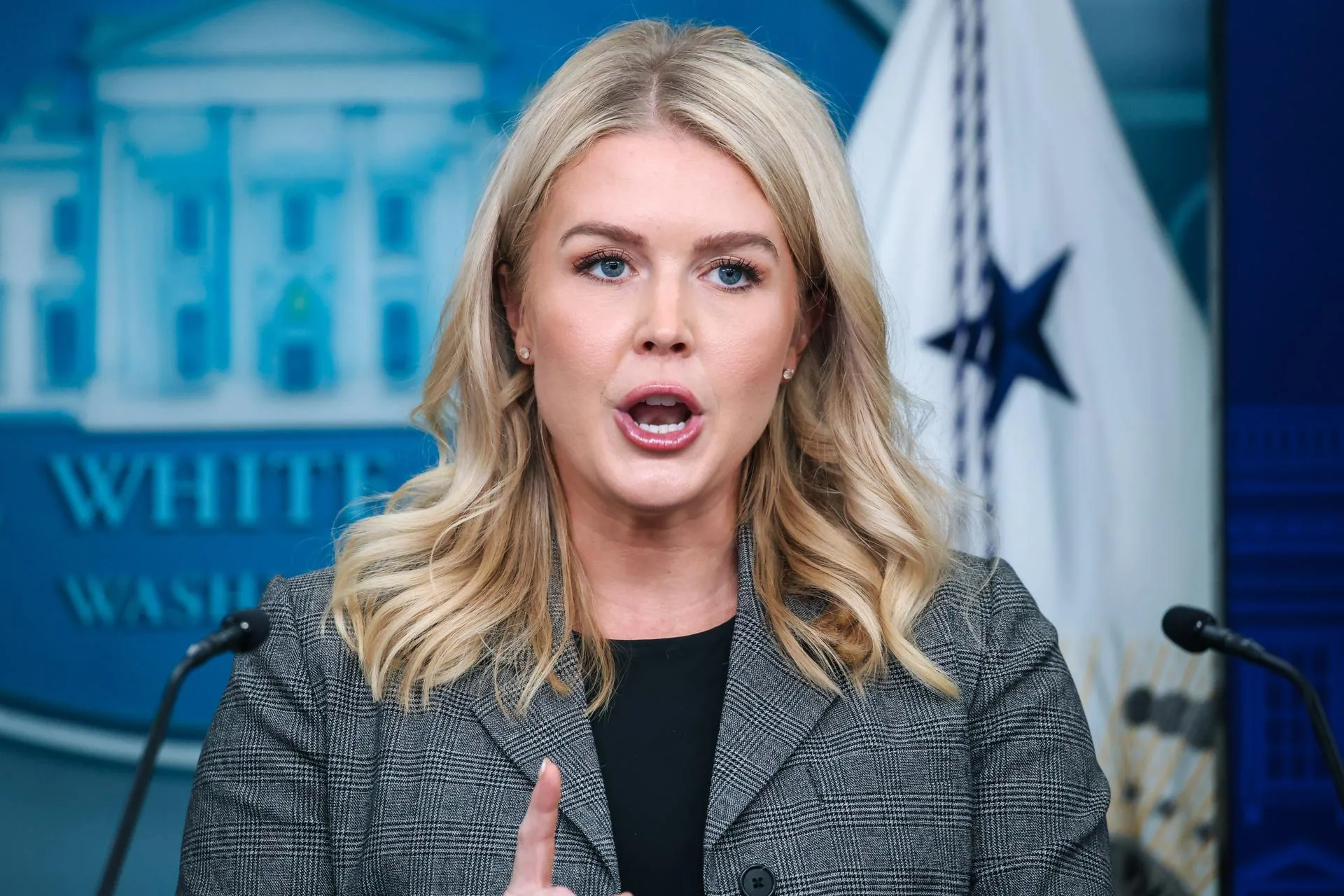 White House Press Secretary Karoline Leavitt speaks during a press briefing with Vice President JD Vance in the James S. Brady Press Briefing Room at the White House in Washington, DC, US. October 01, 2025. EFE/EPA/SAMUEL CORUM / POOL