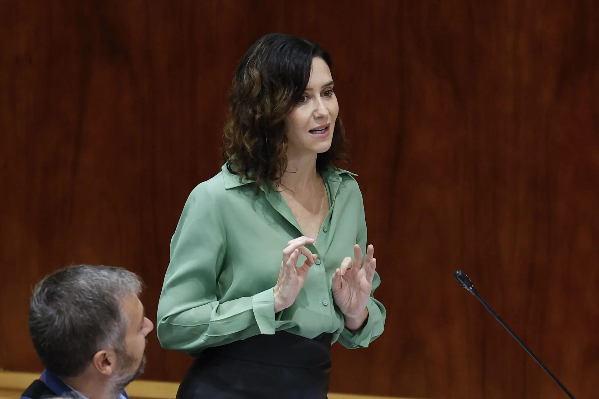 La presidenta de la Comunidad, Isabel Díaz Ayuso, interviene durante el pleno de la Asamblea de Madrid, este jueves. EFE/ Chema Moya